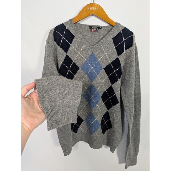 J Crew 100% Lambs wool Sweater Mens M Diamond Argyle V-Neck Soft - Picture 1 of 6